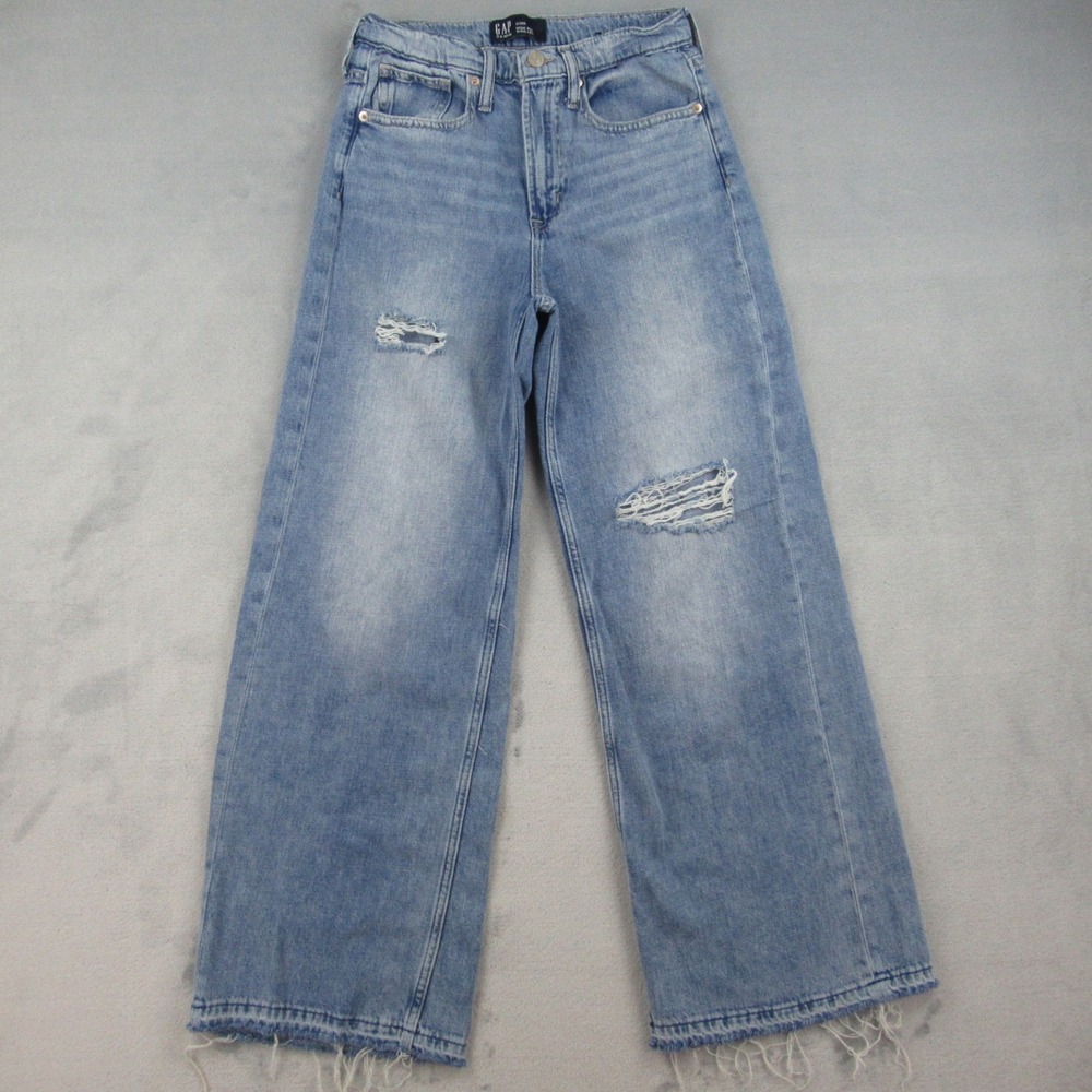 GAP High Rise Wide Leg Jeans Women 2/26 Blue Distressed Raw Hem Cotton